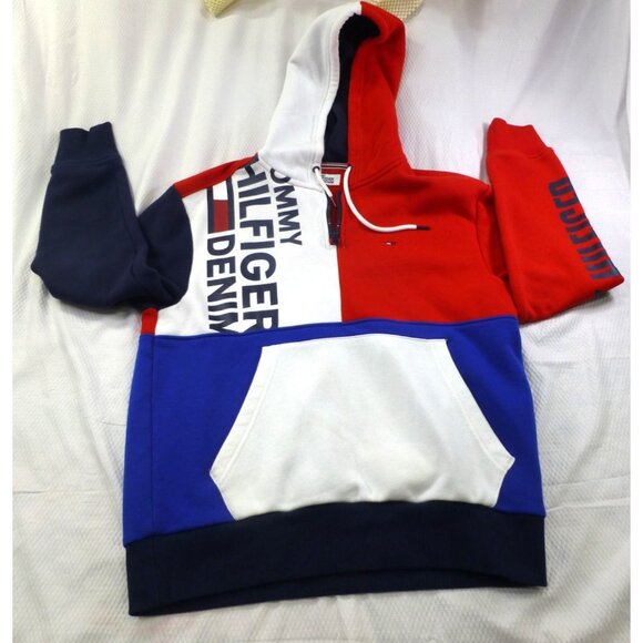 Tommy Hilfiger Denim Colorblock Hoodie Sweatshirt Red/Blue/White M - Picture 1 of 13